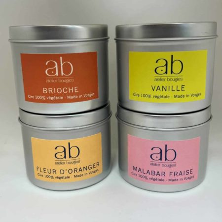 Coffret de 4 bougies parfumées artisanales - Malabar Fraise, Fleur d'oranger, Vanille et Brioche